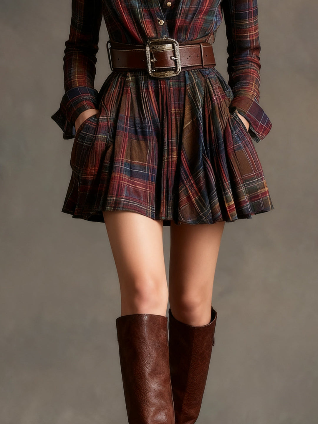 Vintage checked mini dress with cinched waist - belt included