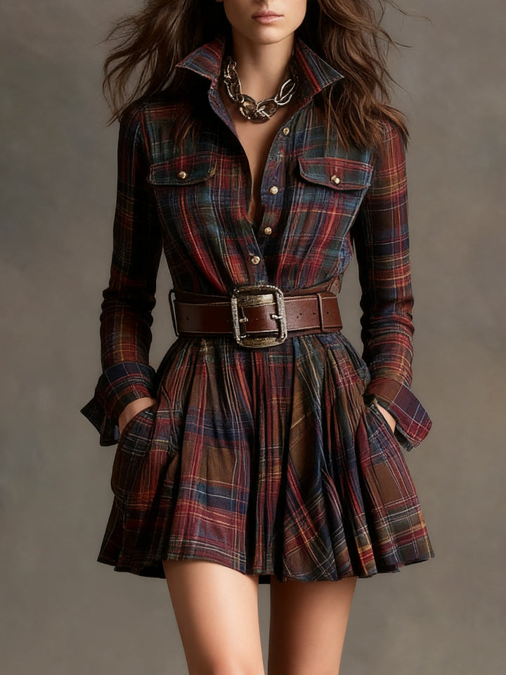 Vintage checked mini dress with cinched waist - belt included