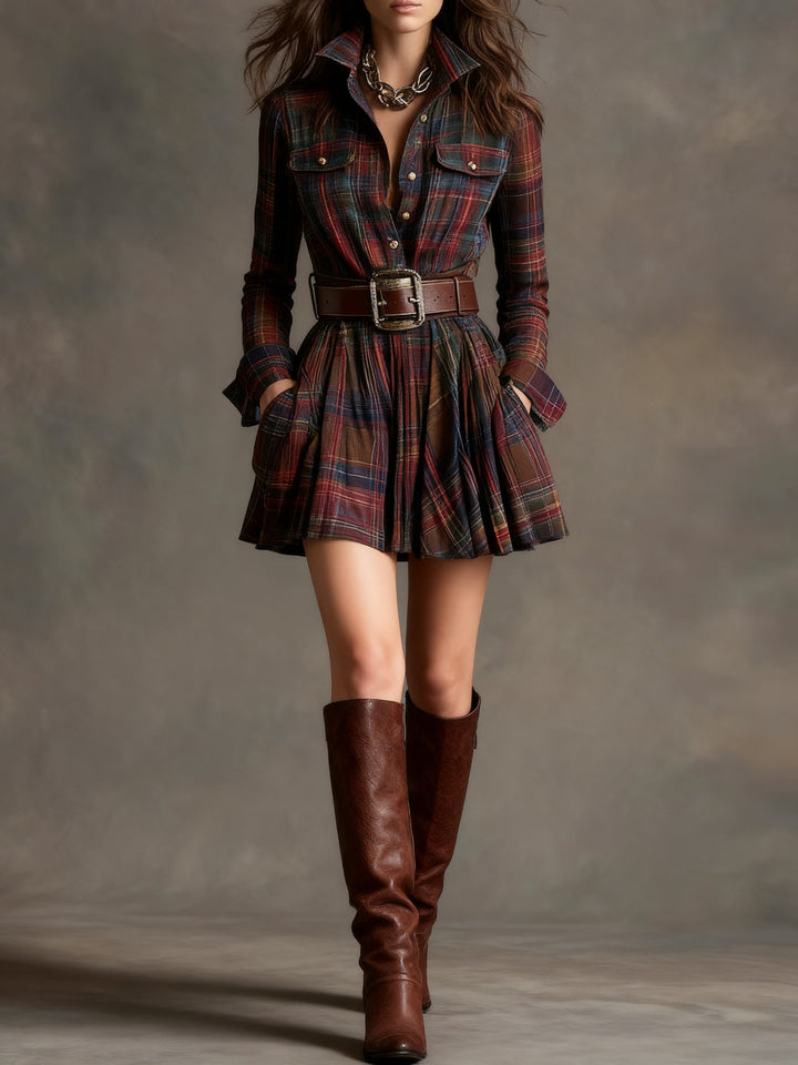 Vintage checked mini dress with cinched waist - belt included