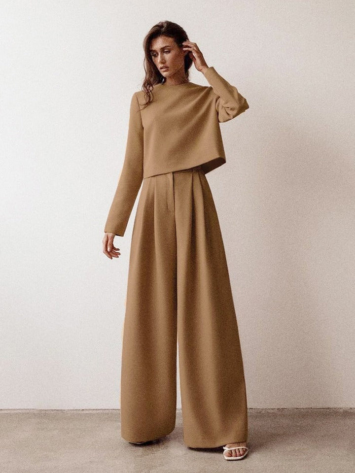 Women's long-sleeve shirt and wide-leg trousers set