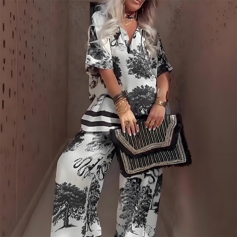 Linette™ V-Neck Printed Top and Long Pants Set