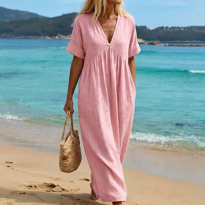 Viviana | Long Linen & Cotton V-Neck Ruffled Dress with Short Sleeves